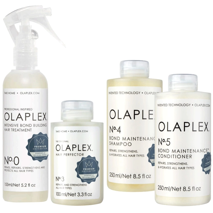 Olaplex zestaw odbudowujący do włosów no.0 intensywna kuracja 155ml no.3 maska odbudowa 100ml no.4 szampon 250ml  no.5 odżywka 250ml.jpg