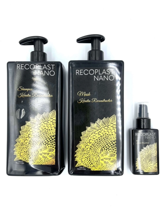 Recoplast nano keratin Zestaw wygładzający do włosów po keratynowym prostowaniu szampon 1000ml maska 1000ml olejek 100ml.jpg