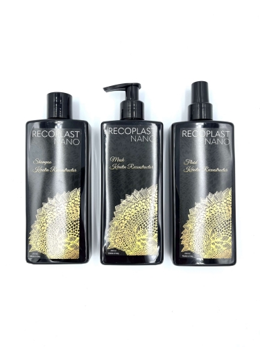 Recoplast nano keratin Zestaw wygładzający do włosów po keratynowym prostowaniu szampon 250ml maska 250ml fluid 250ml.jpg