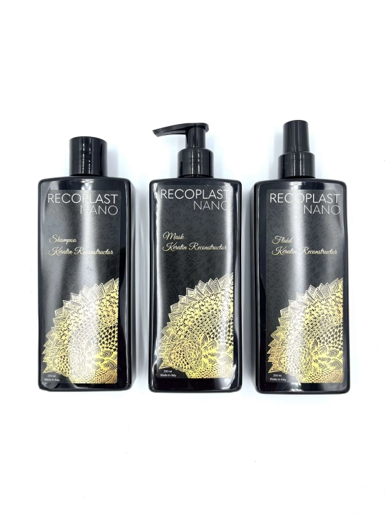 Recoplast nano keratin Zestaw wygładzający do włosów po keratynowym prostowaniu szampon 250ml maska 250ml fluid 250ml.jpg