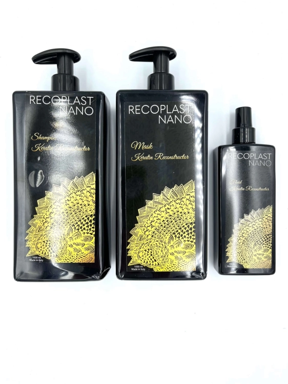 Recoplast nano keratin Zestaw wygładzający do włosów po keratynowym prostowaniu szampon 1000ml maska 1000ml fluid 250ml.jpg