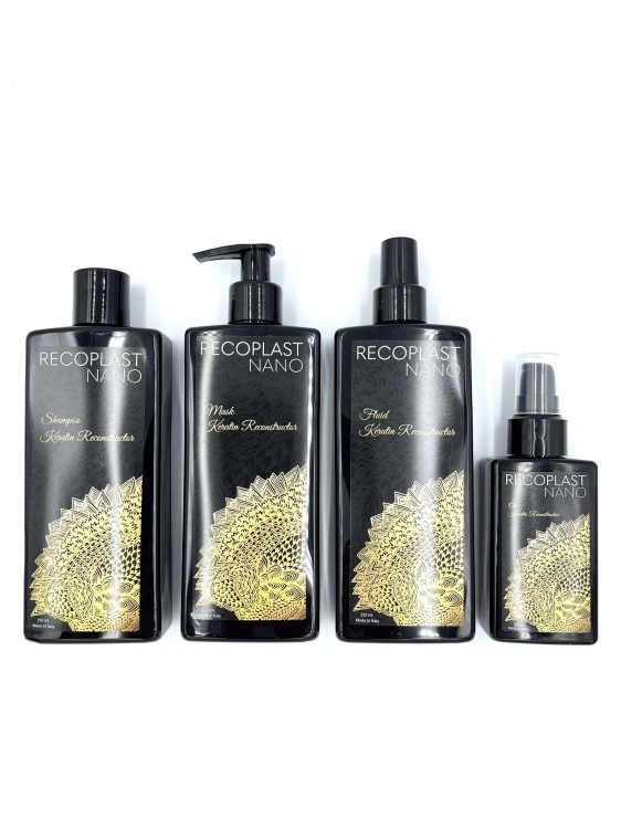 Recoplast nano keratin Zestaw wygładzający do włosów po keratynowym prostowaniu szampon 250ml maska 250ml fluid 250ml olejek 100ml.jpg