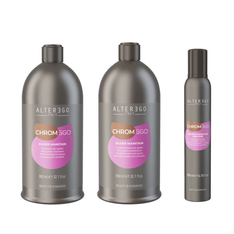 Alter ego chromego silver Duży zestaw do włosów blond Szampon 950ml Odżywka 950ml Pianka 200ml (1).png