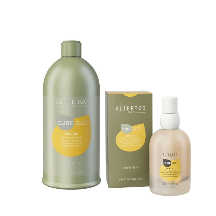 Alter ego cureego silk oil Zestaw wygładzający do włosów Szampon 950ml 100ml (1).png