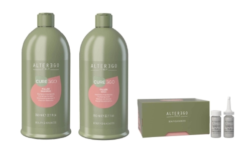Alter ego cure ego filler Zestaw do włosów szampon i maska 2x950ml ampułki 12x10ml