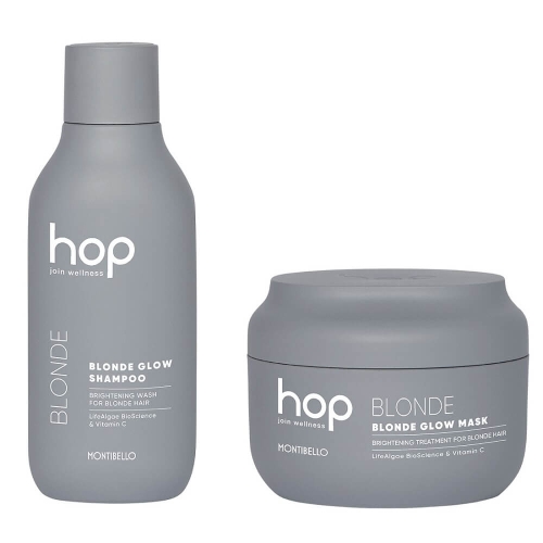 Montibello hop blonde glow Zestaw rozświetlający do włosów blond Szampon 300ml Maska 200ml.jpg