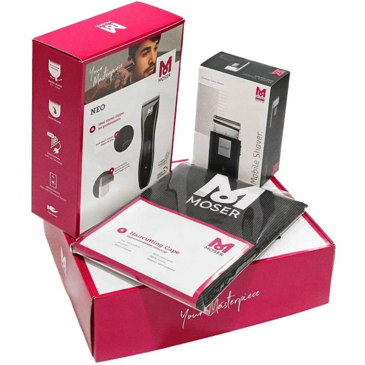 Moser zestaw prezentowy maszynka Moser Neo golarka Mobile Shaver i peleryna gratis(1).jpg
