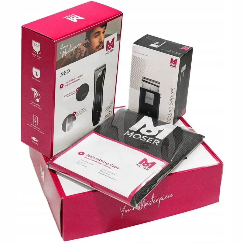 Moser zestaw prezentowy maszynka Moser Neo golarka Mobile Shaver i peleryna gratis(1).jpg