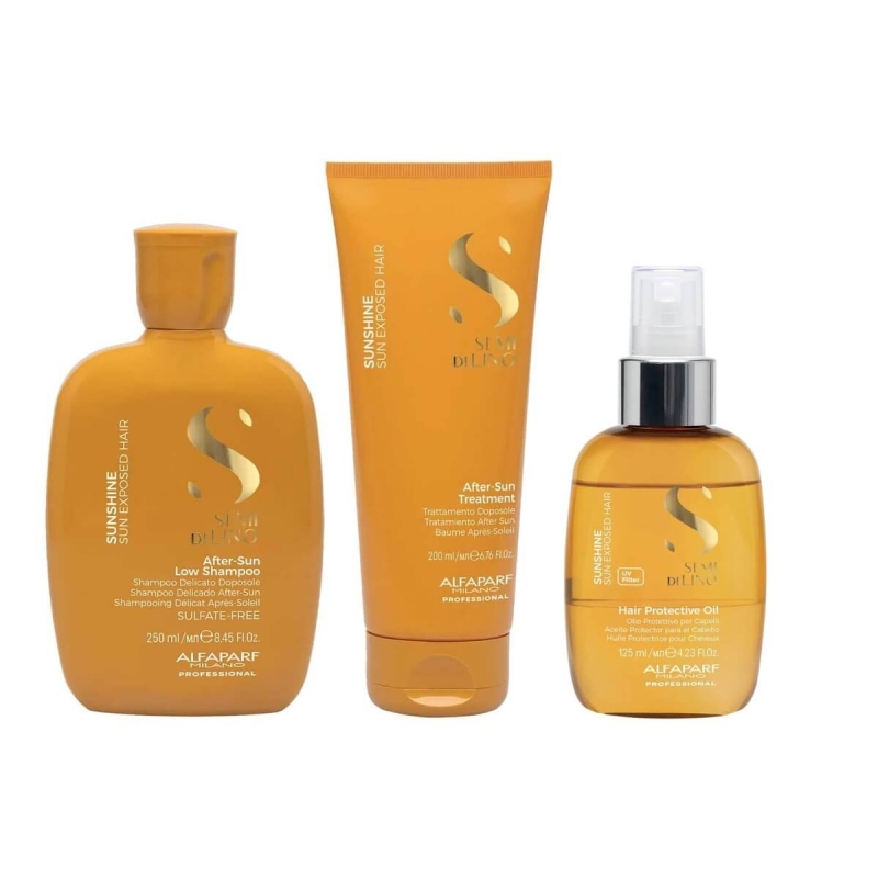 Alfaparf sdl sunshine Zestaw do włosów na słońce Szampon 250ml Odżywka 200ml Olejek 125ml.jpg