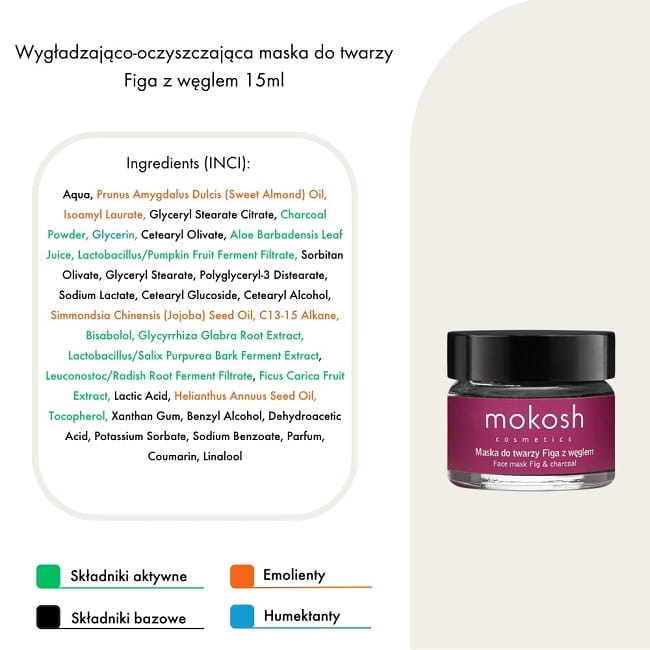 Mokosh Wygładzająco oczyszczająca maska do twarzy figa z węglem 15ml