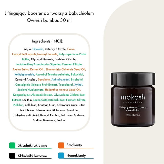 Mookosh Booster z bakuchiolem 30ml skład.jpgMokosh Wygładzające serum do twarzy z bakuchiolem owies i bambus 30ml