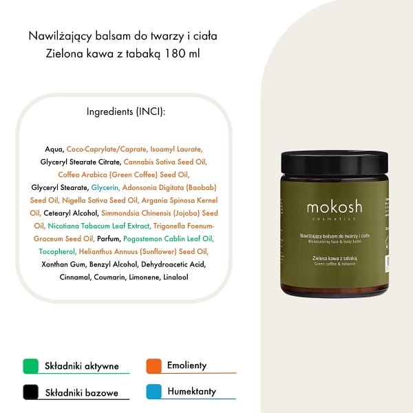 Mokosh Nawilżający balsam do twarzy i ciała zielona kawa z tabaką 180ml