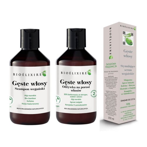 Bioelixire Gęste włosy Zestaw wegański przeciw wypadaniu włosów Szampon 300ml Odżywka 300ml Wcierka150ml.jpg