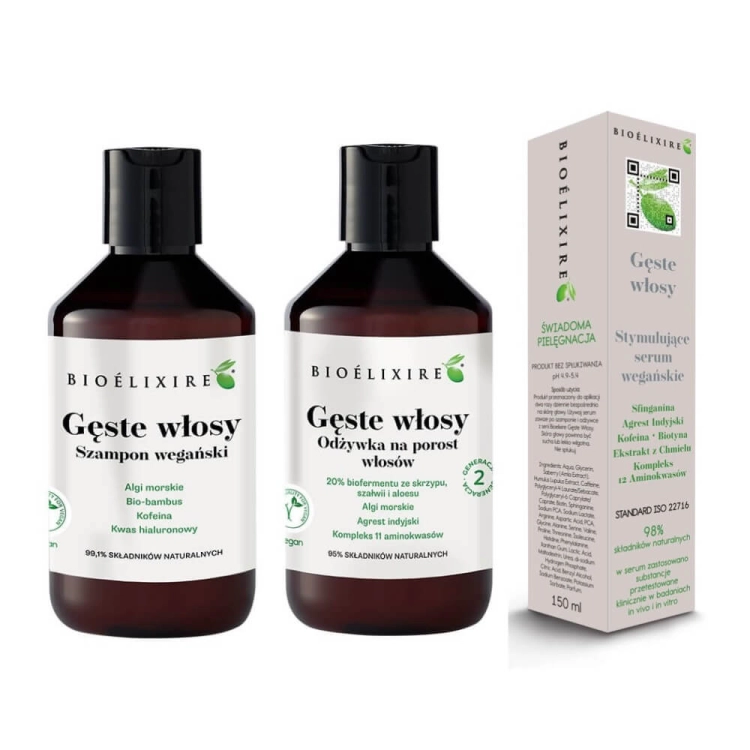 Bioelixire Gęste włosy Zestaw wegański przeciw wypadaniu włosów Szampon 300ml Odżywka 300ml Wcierka150ml.jpg