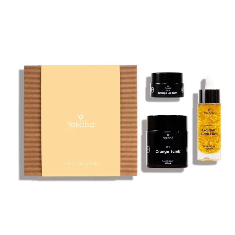 Yokaba gold treasure zestaw prezentowy olejek do twarzy i szyi 30ml pomarańczowy peeling 100ml pomarańczowy balsam do ust 15ml