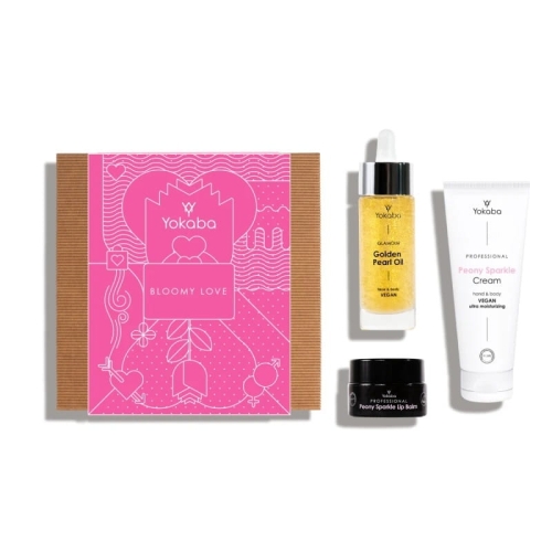 Yokaba bloomy love zestaw prezentowy peony sparkle krem 75ml  peony sparkle balsam do ust 15ml olejek do twarzy i ciała 30ml
