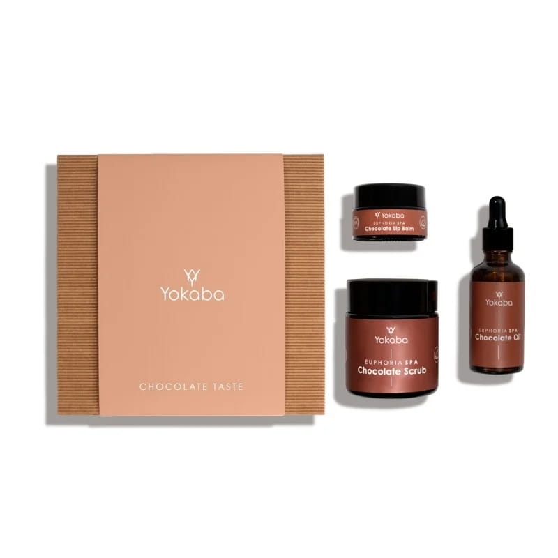 Yokaba chocolate taste zestaw prezentowy czekoladowy olejek do ciała 50ml czekoladowy peeling do ciała 100ml czekoladowy balsam do ust 15ml