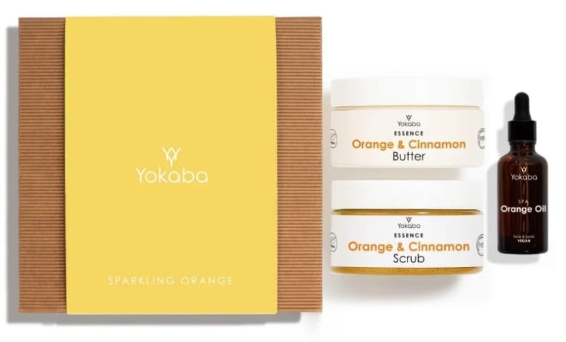 Yokaba sparkling orange zestaw prezentowy olejek 50ml masło do ciała 200ml peeling do ciała 250g
