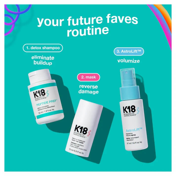 K18 future faves mini Zestaw regenerujący i nadający objętość Szampon 53ml Maska 15ml Spray 47ml.jpg
