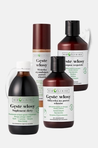 Bioelixire gęste włosy Zestaw wegański przeciw wypadaniu włosów szampon 300ml odżywka 300ml wcierka 150ml  suplement diety 300ml