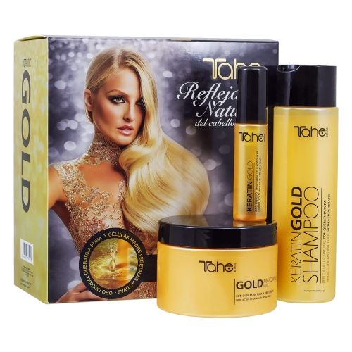 Tahe keratin gold pack Zestaw regenerujący do włosów zniszczonych Szampon 300ml Maska  300ml Olejek 30ml