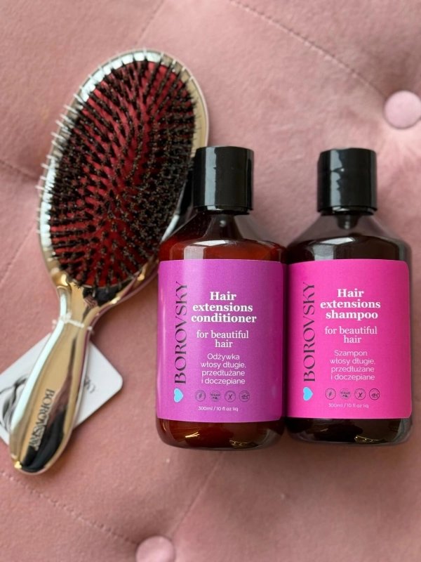 Borovsky hair extensions Zestaw do włosów przedłużanych Szampon 300ml Odżywka 300ml Szczotka.jpg